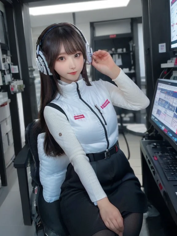 masterpiece, highest quality, Very detailed, 8K Portrait,japanese android girl,Plump , Control panel,Robotic arms and legs, Blunt bangs,,BREAK (metallic gray, metallic luster, mirror finish, astrovest):5,headphone:5,BREAK (black sleeves):100,smartwatch,futuristic space station,control room,BREAK headphone,blue eyes,(black hair):2,(long hair):1.3,look at viewer,(Respirator),BREAK blush:3,hidden hands,smile