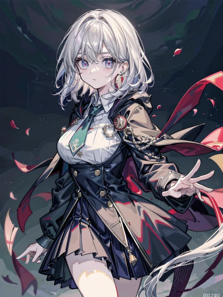 whole body, hogwarts teacher, necktie, cloak, skirt, absurdres, RAW photo, extremely delicate and beautiful, masterpiece, Best Quality, ultra high resolution, 32k, hyperrealistic, ultra-detailed, detailed description, pale skin, 20 years old, detailed beautiful face and eyes, tearful mole, earring, Colossal tits, short medium hair, wavy hair,