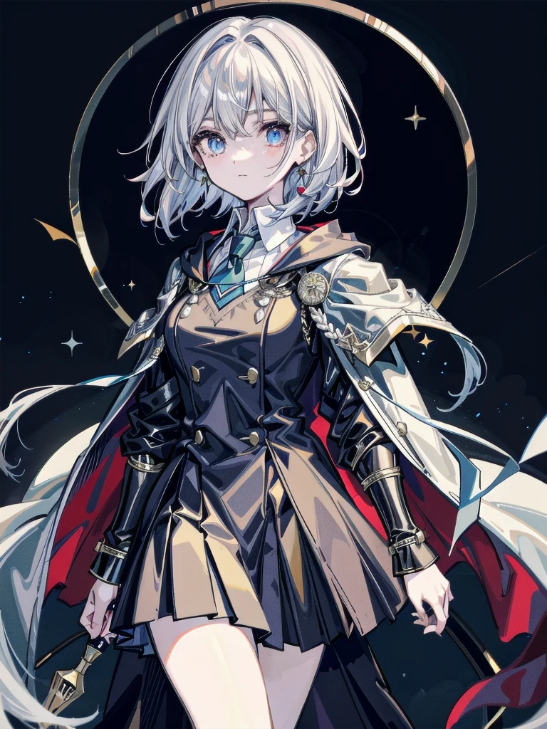 whole body, hogwarts teacher, necktie, cloak, skirt, absurdres, RAW photo, extremely delicate and beautiful, masterpiece, Best Quality, ultra high resolution, 32k, hyperrealistic, ultra-detailed, detailed description, pale skin, 20 years old, detailed beautiful face and eyes, tearful mole, earring, Colossal tits, short medium hair, wavy hair,
