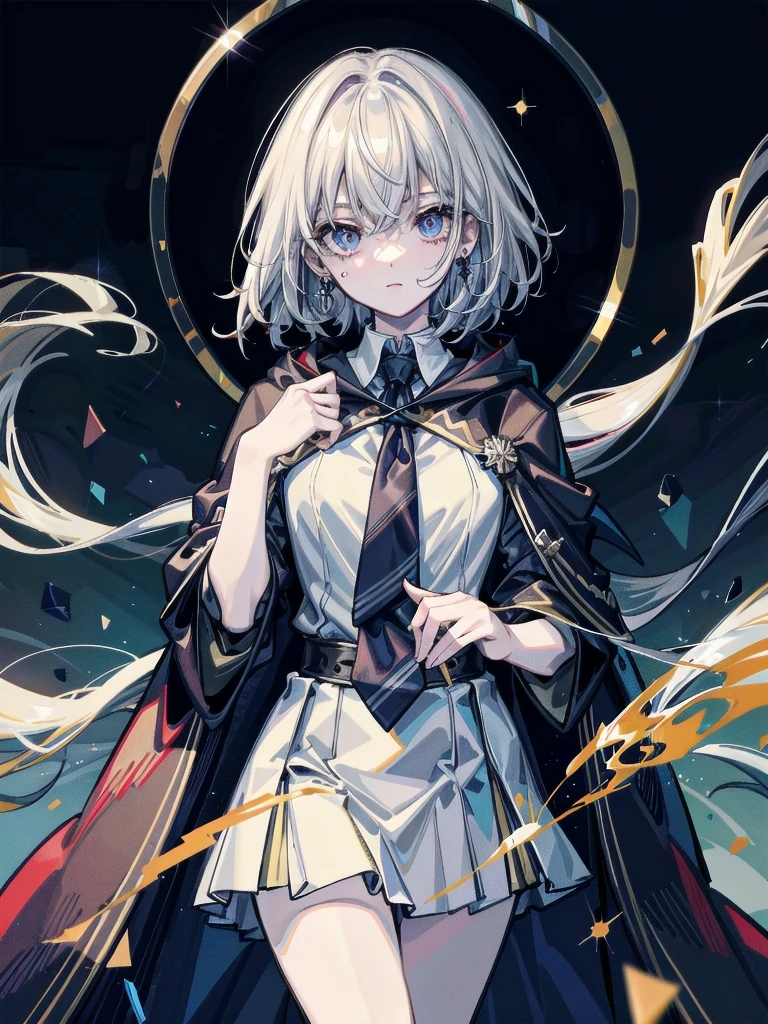 whole body, hogwarts teacher, necktie, cloak, skirt, absurdres, RAW photo, extremely delicate and beautiful, masterpiece, Best Quality, ultra high resolution, 32k, hyperrealistic, ultra-detailed, detailed description, pale skin, 20 years old, detailed beautiful face and eyes, tearful mole, earring, Colossal tits, short medium hair, wavy hair,
