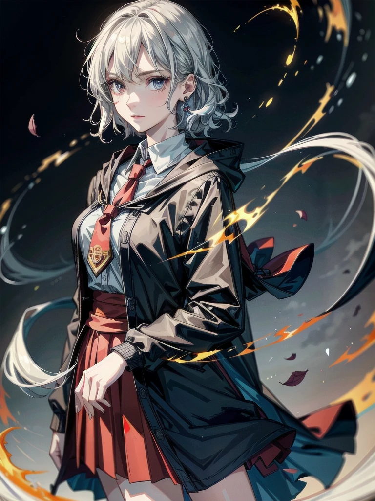 whole body, hogwarts teacher, necktie, cloak, skirt, absurdres, RAW photo, extremely delicate and beautiful, masterpiece, Best Quality, ultra high resolution, 32k, hyperrealistic, ultra-detailed, detailed description, pale skin, 20 years old, detailed beautiful face and eyes, tearful mole, earring, Colossal tits, short medium hair, wavy hair,