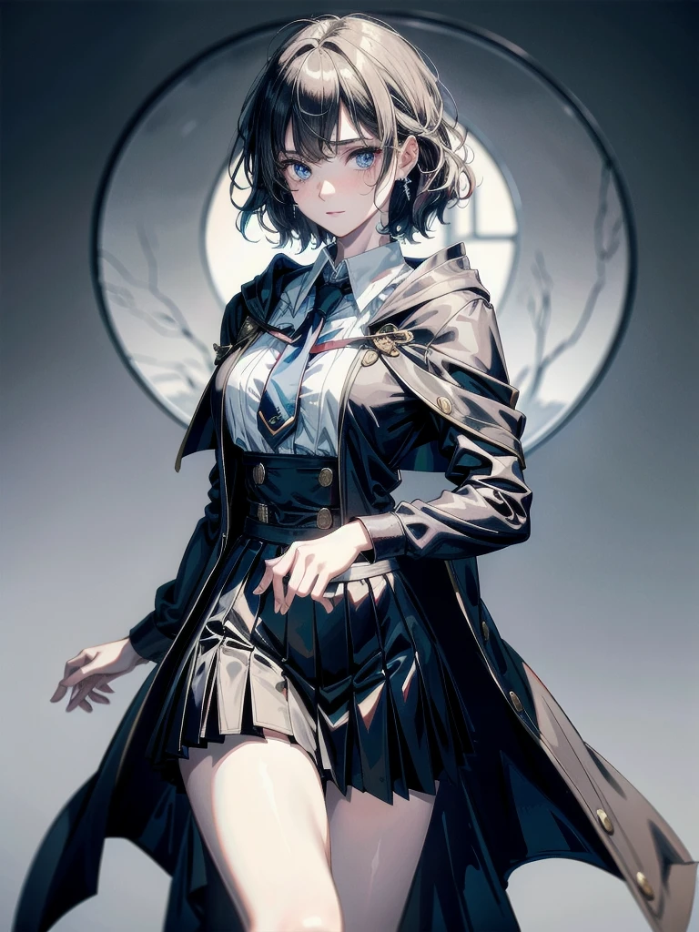 whole body, hogwarts teacher, necktie, cloak, skirt, absurdres, RAW photo, extremely delicate and beautiful, masterpiece, Best Quality, ultra high resolution, 32k, hyperrealistic, ultra-detailed, detailed description, pale skin, 20 years old, detailed beautiful face and eyes, tearful mole, earring, Colossal tits, short medium hair, wavy hair,