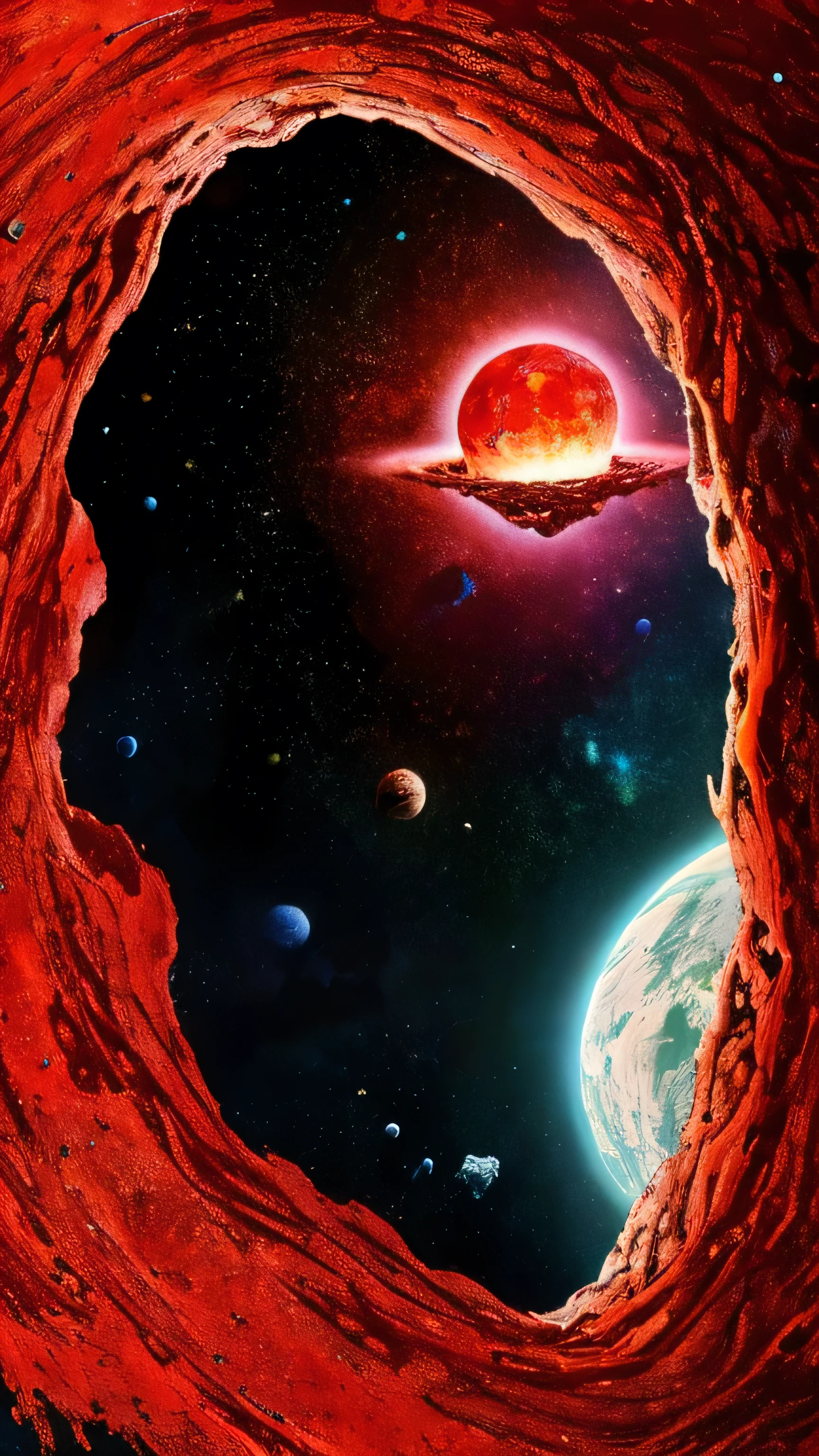 mutating planet, covered in fleshy blood red surface, vivid cosmic backdrop, in outer space, lovecraftian