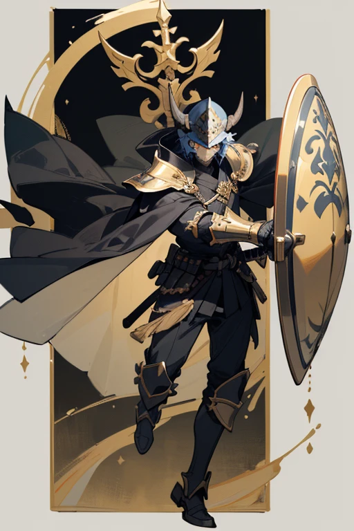 ((highest quality)), ((masterpiece)), (Familiar), One man,Fantasy,black騎士,Full Body Armor,(Full-face helmet),Two-horned helmet,((blackい甲冑)),大sword,((blackい鎧)),Golden decoration,White pattern,sword,Cape,shield,black