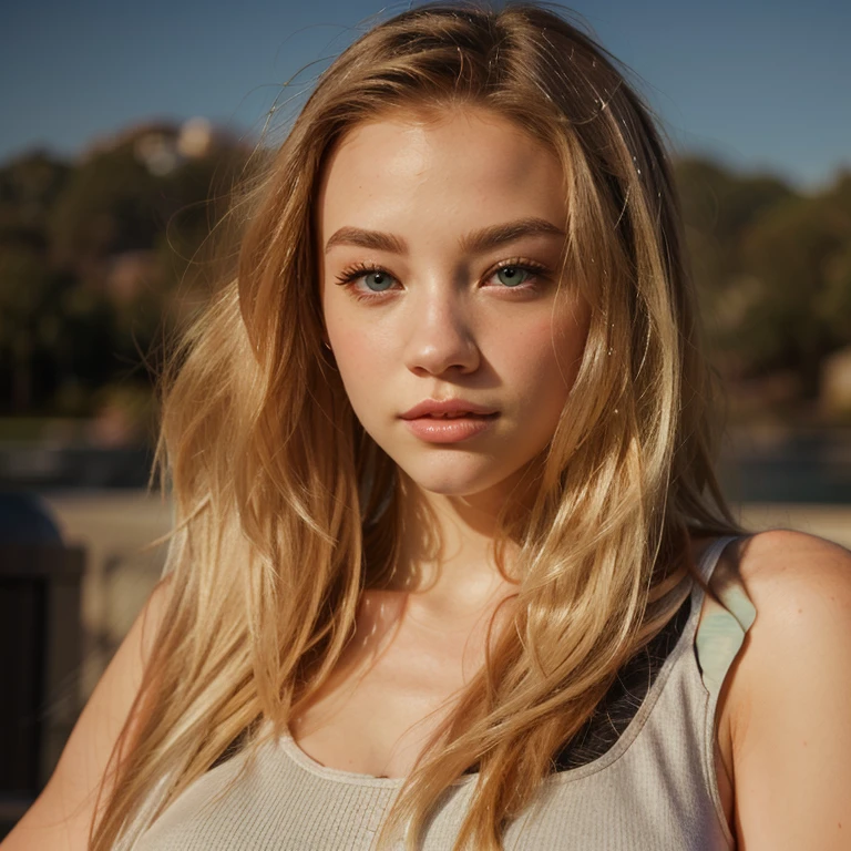 blonde woman with long hair and a gray tank top posing for a photo, Sydney Sweeney, Portrait de Sophie Mudd, Kailee Mandel, Ava Max, corinne jour, long cheveux blonds et grands yeux, portrait de Kim Petras, cheveux blonds et grands yeux, longs cheveux blonds et grands yeux, Ellie Victoria Gale, Victoria Gavrilenko