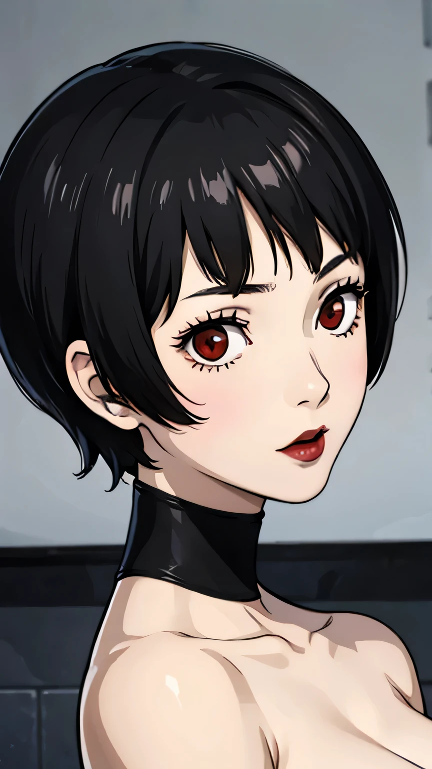 1 girl, very Short hair, black hair, red eyes, black lipstick, portrait, nude, small breast