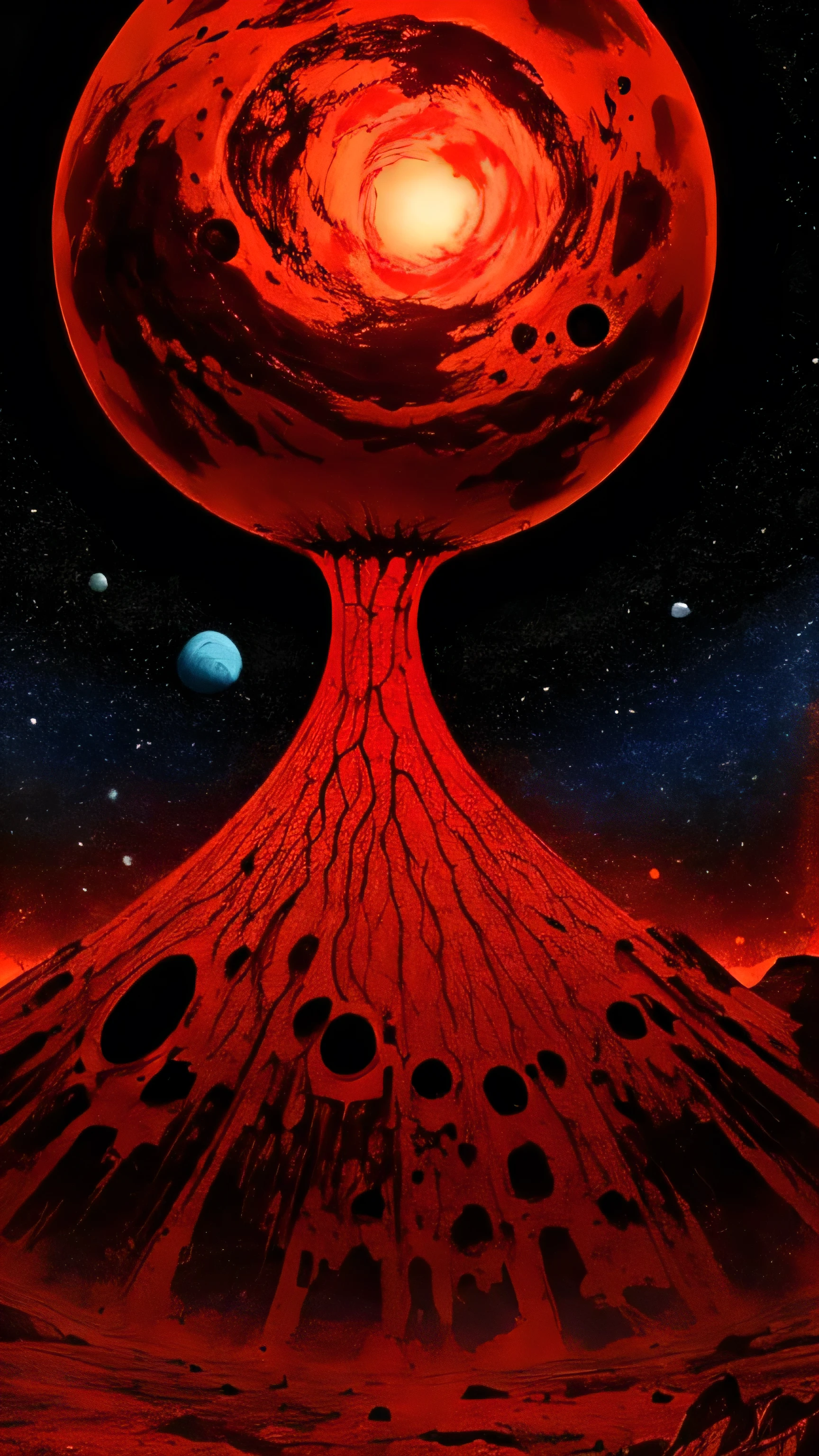 mutating planet, covered in fleshy blood red surface, vivid cosmic backdrop, in outer space, lovecraftian