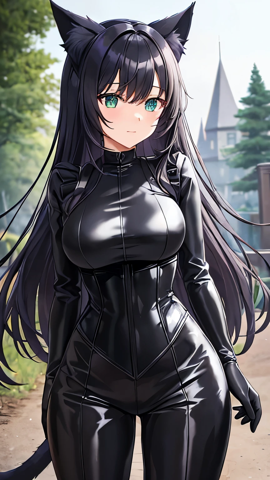 cat girl, black cat ears, black cat's tail, tight clothing, fabric gray trousers, with many details, gray corset, one-piece fabric armor, long hair, dark forest in the background, Moon, bodysuit, fantasy, robber armor,