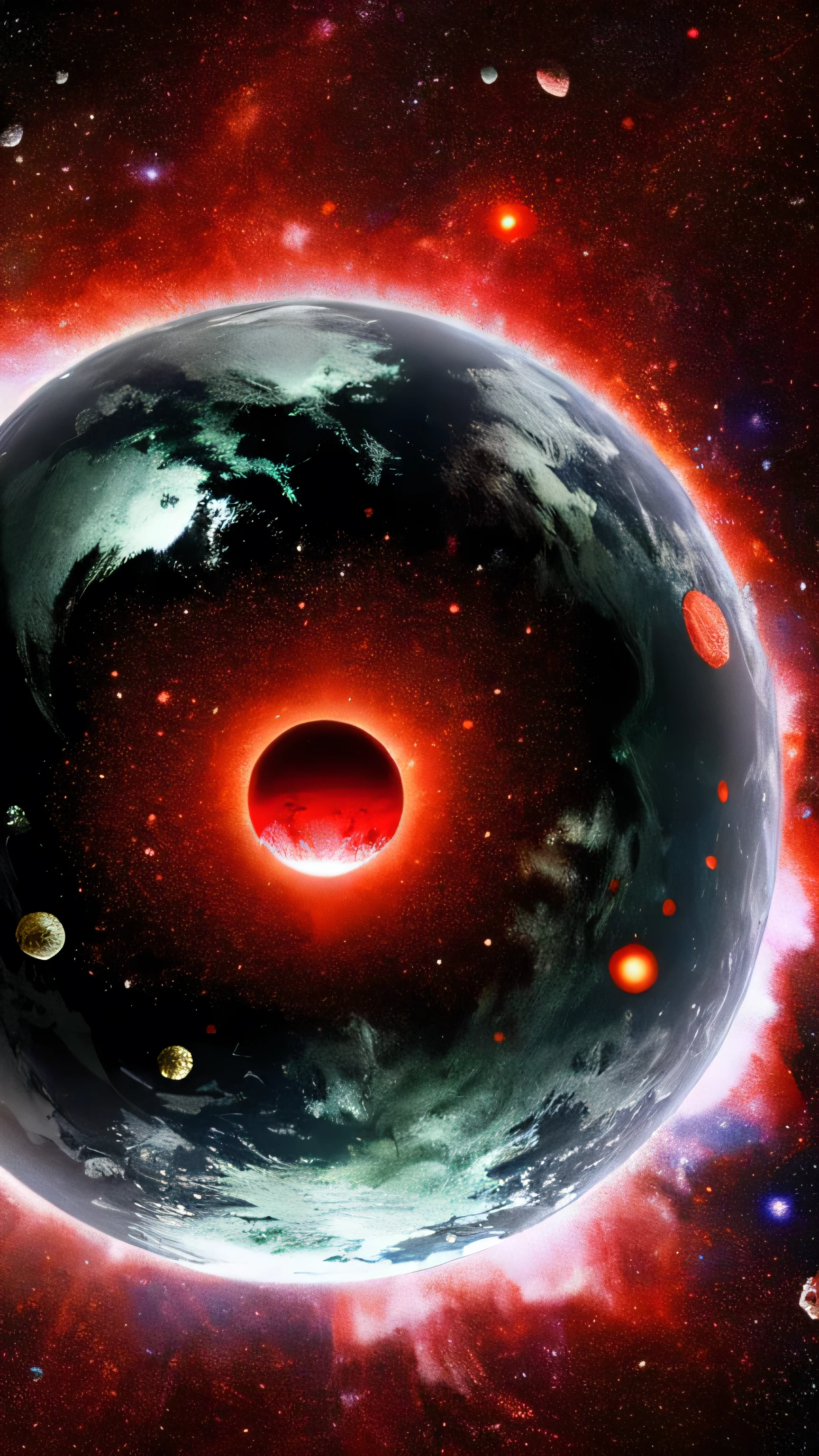 mutating planet, covered in fleshy blood red surface, vivid cosmic backdrop, in outer space, lovecraftian