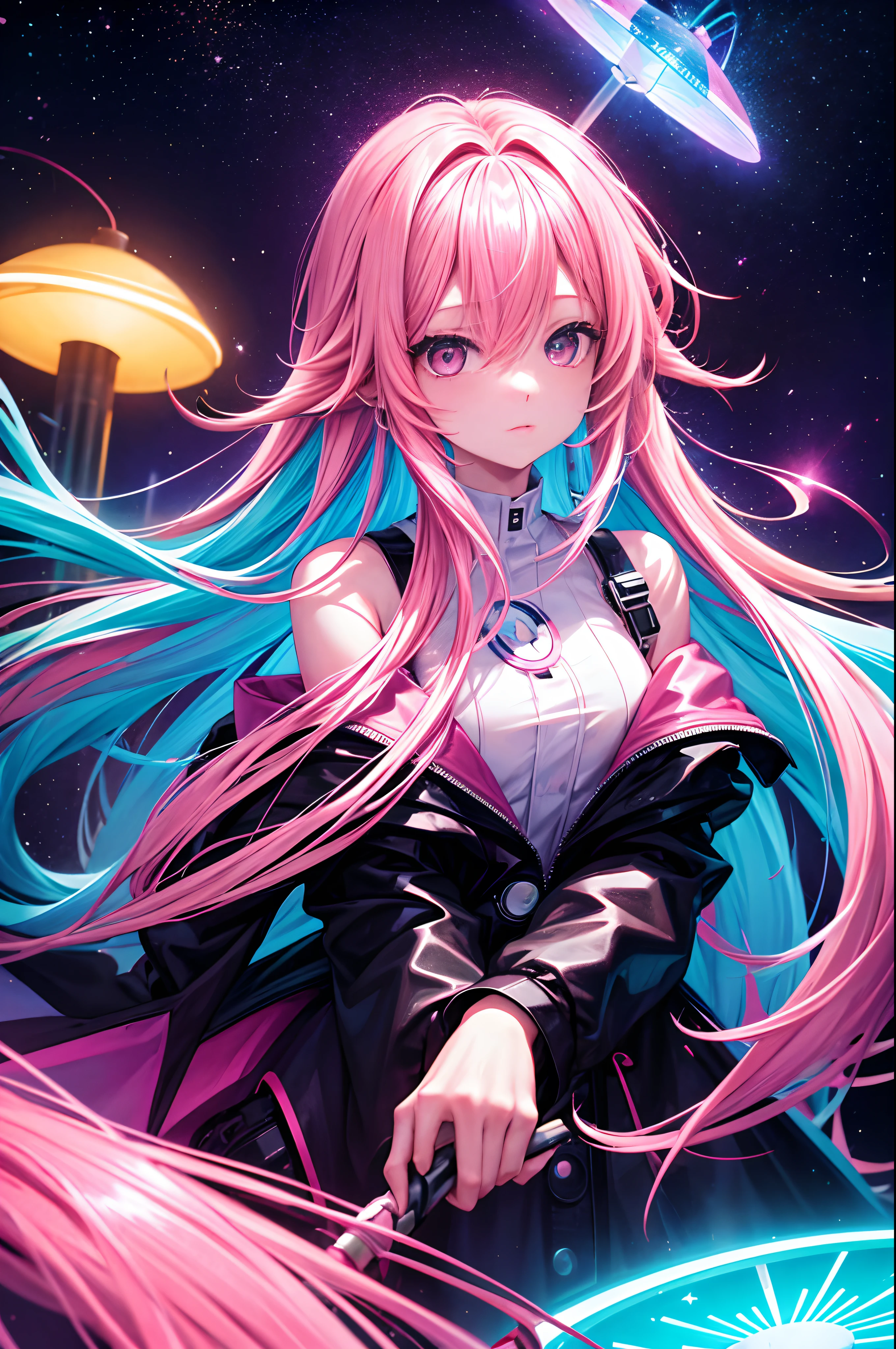 Frau mit langen rosa Haaren, Nachtzeit, Neon, fliegende Untertasse, Abduction, Galaxie-Hintergrund, Neonlichter, schwarze Kleidung mit LED, 4k