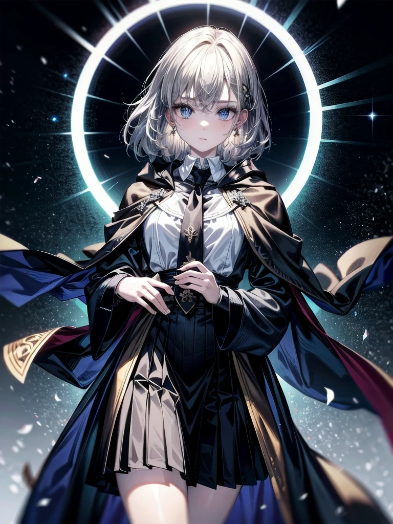whole body, hogwarts teacher, necktie, cloak, skirt, absurdres, RAW photo, extremely delicate and beautiful, masterpiece, Best Quality, ultra high resolution, 32k, hyperrealistic, ultra-detailed, detailed description, pale skin, 20 years old, detailed beautiful face and eyes, tearful mole, earring, Colossal tits, short medium hair, wavy hair,