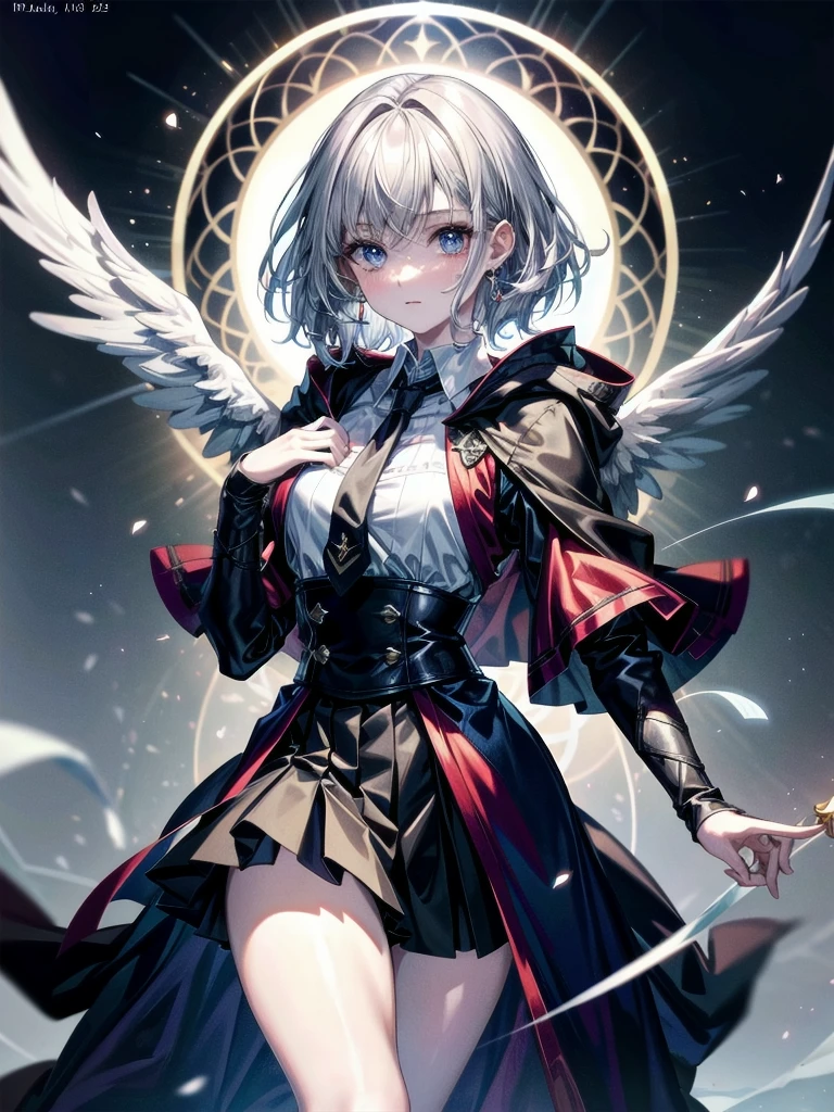 whole body, hogwarts teacher, necktie, cloak, skirt, absurdres, RAW photo, extremely delicate and beautiful, masterpiece, Best Quality, ultra high resolution, 32k, hyperrealistic, ultra-detailed, detailed description, pale skin, 20 years old, detailed beautiful face and eyes, tearful mole, earring, Colossal tits, short medium hair, wavy hair,