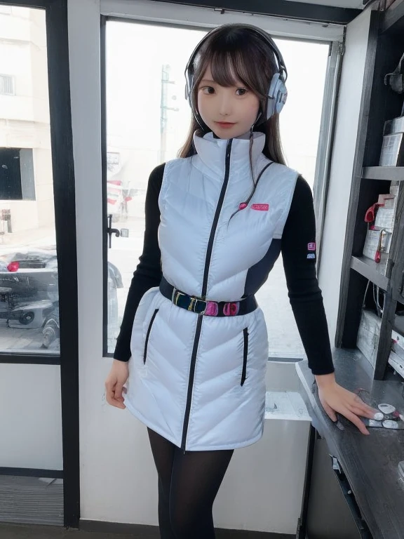 masterpiece, highest quality, Very detailed, 8K Portrait,japanese android girl,Plump , Control panel,Robotic arms and legs, Blunt bangs,,BREAK (metallic gray, metallic luster, mirror finish, astrovest):5,headphone:5,BREAK (black sleeves):100,smartwatch,futuristic space station,control room,BREAK headphone,blue eyes,(black hair):2,(long hair):1.3,look at viewer,(Respirator),BREAK blush:3,hidden hands,smile