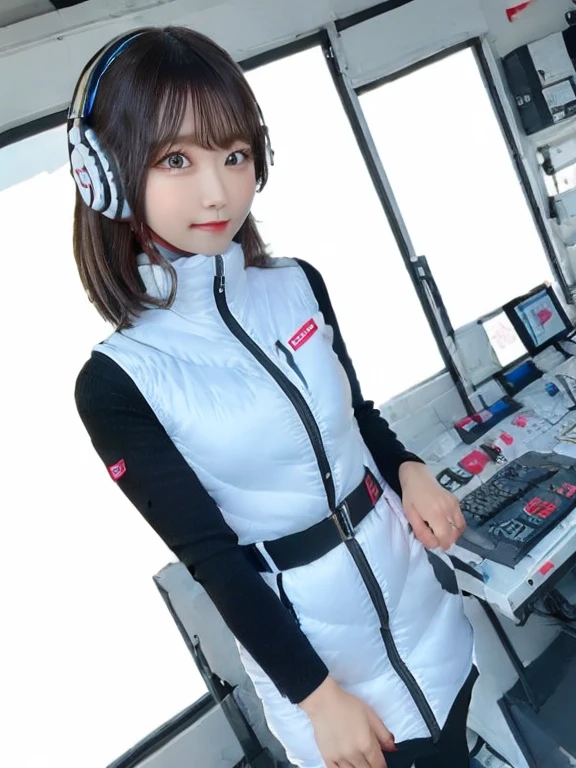 masterpiece, highest quality, Very detailed, 8K Portrait,japanese android girl,Plump , Control panel,Robotic arms and legs, Blunt bangs,,BREAK (metallic gray, metallic er, mirror finish, astrovest):5,headphone:5,BREAK (black sleeves):100,smartwatch,futuristic space station,control room,BREAK headphone,blue eyes,(black hair):2,(long hair):1.3,look at viewer,(Respirator),BREAK blush:3,hidden hands,smile