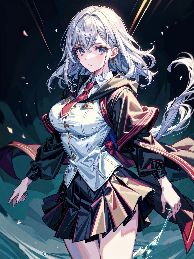 whole body, hogwarts teacher, necktie, cloak, skirt, absurdres, RAW photo, extremely delicate and beautiful, masterpiece, Best Quality, ultra high resolution, 32k, hyperrealistic, ultra-detailed, detailed description, pale skin, 20 years old, detailed beautiful face and eyes, tearful mole, earring, Colossal tits, short medium hair, wavy hair,