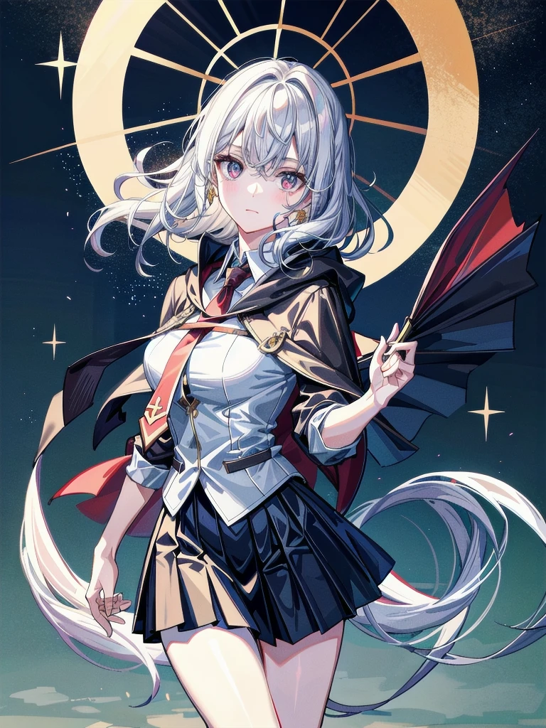 whole body, hogwarts teacher, necktie, cloak, skirt, absurdres, RAW photo, extremely delicate and beautiful, masterpiece, Best Quality, ultra high resolution, 32k, hyperrealistic, ultra-detailed, detailed description, pale skin, 20 years old, detailed beautiful face and eyes, tearful mole, earring, Colossal tits, short medium hair, wavy hair,