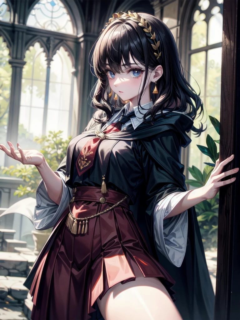 whole body, hogwarts teacher, necktie, cloak, skirt, absurdres, RAW photo, extremely delicate and beautiful, masterpiece, Best Quality, ultra high resolution, 32k, hyperrealistic, ultra-detailed, detailed description, pale skin, 20 years old, detailed beautiful face and eyes, tearful mole, earring, Colossal tits, short medium hair, wavy hair,