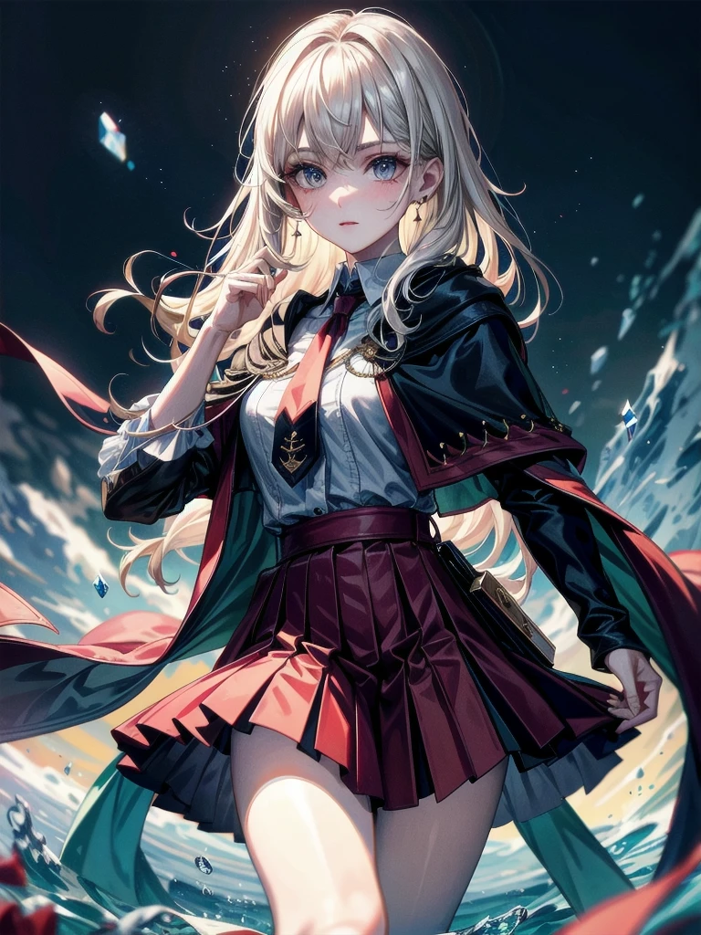 whole body, hogwarts teacher, necktie, cloak, skirt, absurdres, RAW photo, extremely delicate and beautiful, masterpiece, Best Quality, ultra high resolution, 32k, hyperrealistic, ultra-detailed, detailed description, pale skin, 20 years old, detailed beautiful face and eyes, tearful mole, earring, Colossal tits, short medium hair, wavy hair,
