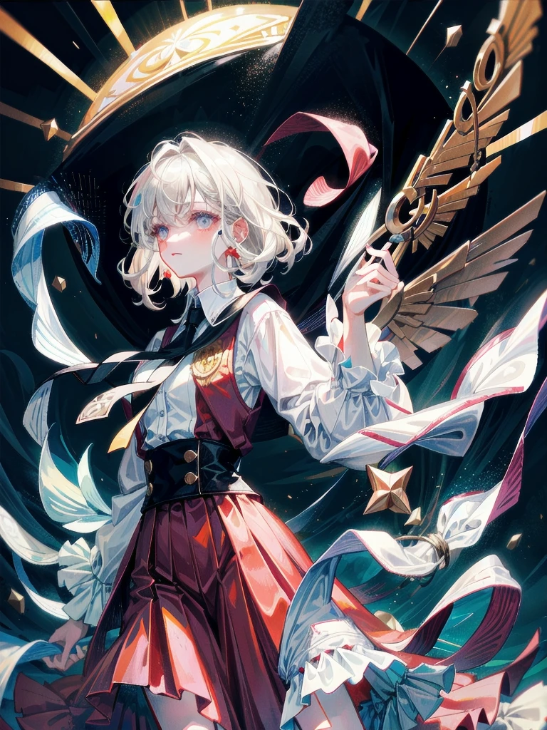 whole body, hogwarts teacher, necktie, cloak, skirt, absurdres, RAW photo, extremely delicate and beautiful, masterpiece, Best Quality, ultra high resolution, 32k, hyperrealistic, ultra-detailed, detailed description, pale skin, 20 years old, detailed beautiful face and eyes, tearful mole, earring, Colossal tits, short medium hair, wavy hair,