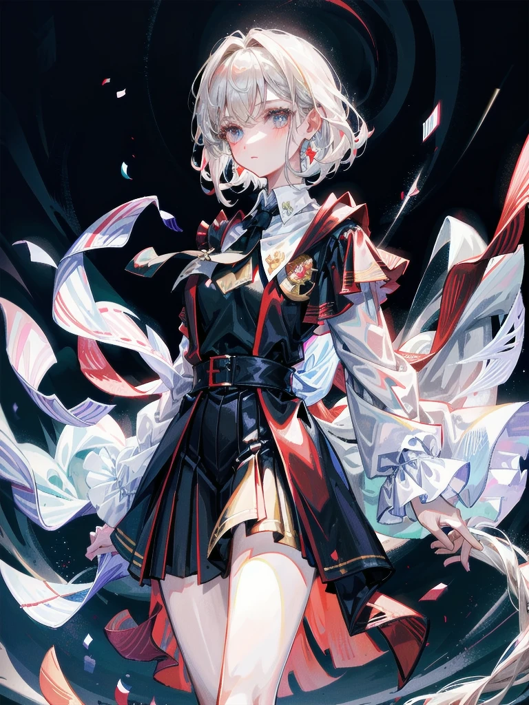 whole body, hogwarts teacher, necktie, cloak, skirt, absurdres, RAW photo, extremely delicate and beautiful, masterpiece, Best Quality, ultra high resolution, 32k, hyperrealistic, ultra-detailed, detailed description, pale skin, 20 years old, detailed beautiful face and eyes, tearful mole, earring, Colossal tits, short medium hair, wavy hair,