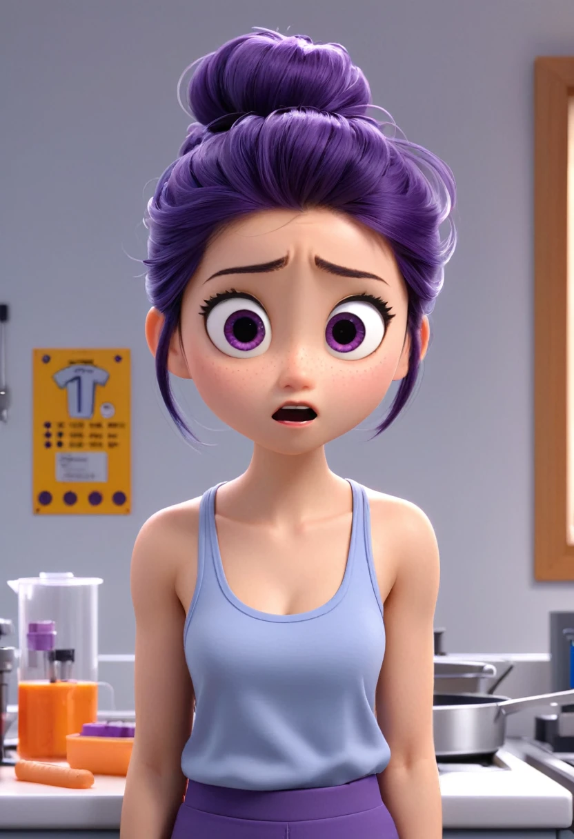 Une Japonaise de , cheveux bleu, dark purple necklace, Grey tank top, terrified, scotcher au mur, ne pouvant plus bouger, in a defective laboratory, style 3d Pixar, (best quality, 4k, 8k, High resolution, chef-d'artwork:1.2), Ultra-detailed, (Realistic, photoRealistic, photo-Realistic:1.37), portraits, Des couleurs vives, studio lighting