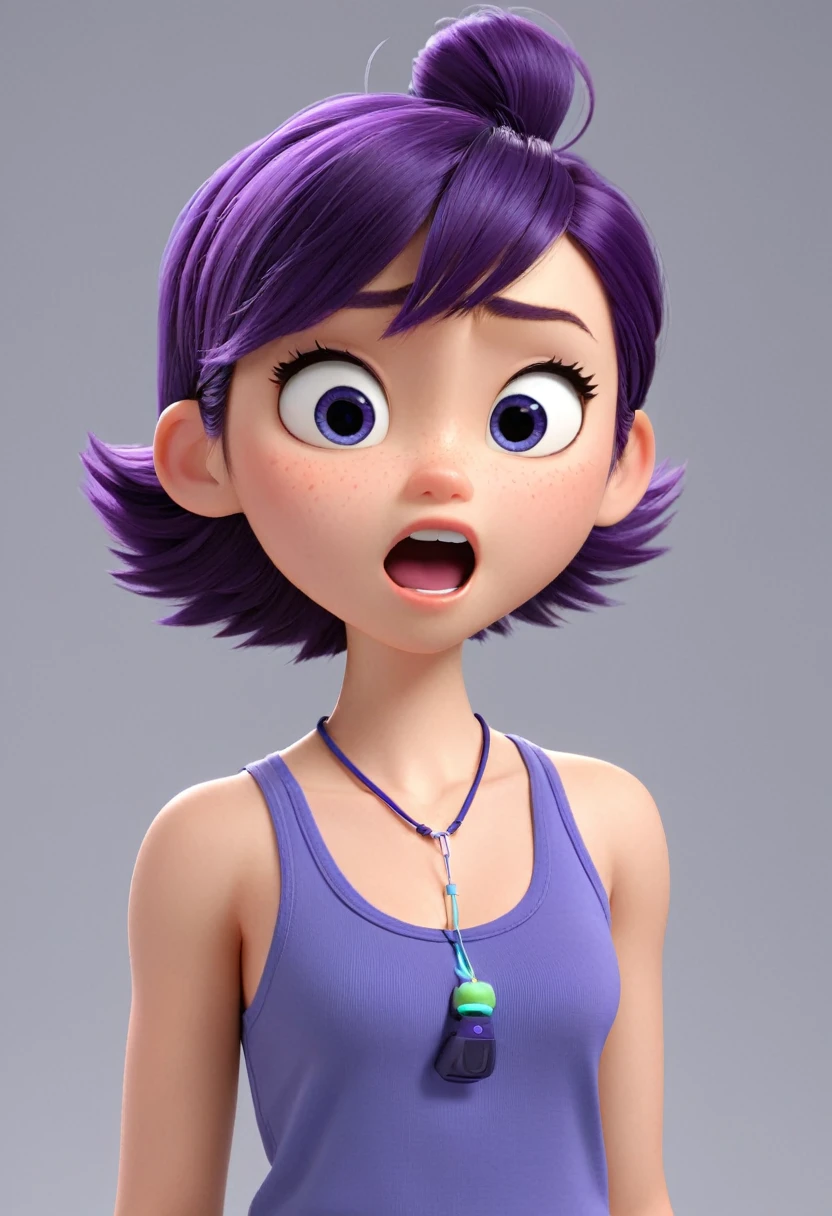 Une Japonaise de 14 ans, cheveux bleu, dark purple necklace, Grey tank top, terrified, scotcher au mur, ne pouvant plus bouger, in a defective laboratory, style 3d Pixar, (best quality, 4k, 8k, High resolution, chef-d&#39;artwork:1.2), Ultra-detailed, (Realistic, photoRealistic, photo-Realistic:1.37), portraits, Des couleurs vives, studio lighting