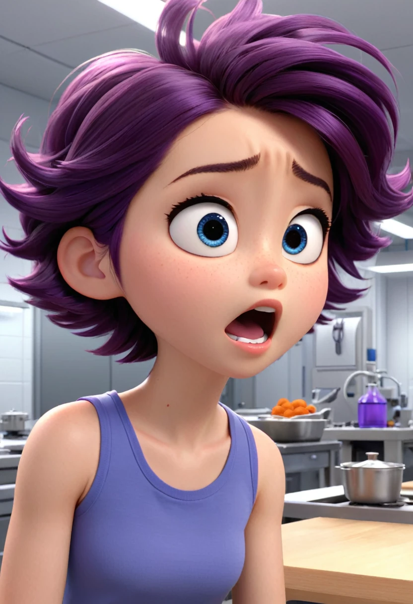 Une Japonaise de , cheveux bleu, dark purple necklace, Grey tank top, terrified, scotcher au mur, ne pouvant plus bouger, in a defective laboratory, style 3d Pixar, (best quality, 4k, 8k, High resolution, chef-d&#39;artwork:1.2), Ultra-detailed, (Realistic, photoRealistic, photo-Realistic:1.37), portraits, Des couleurs vives, studio lighting