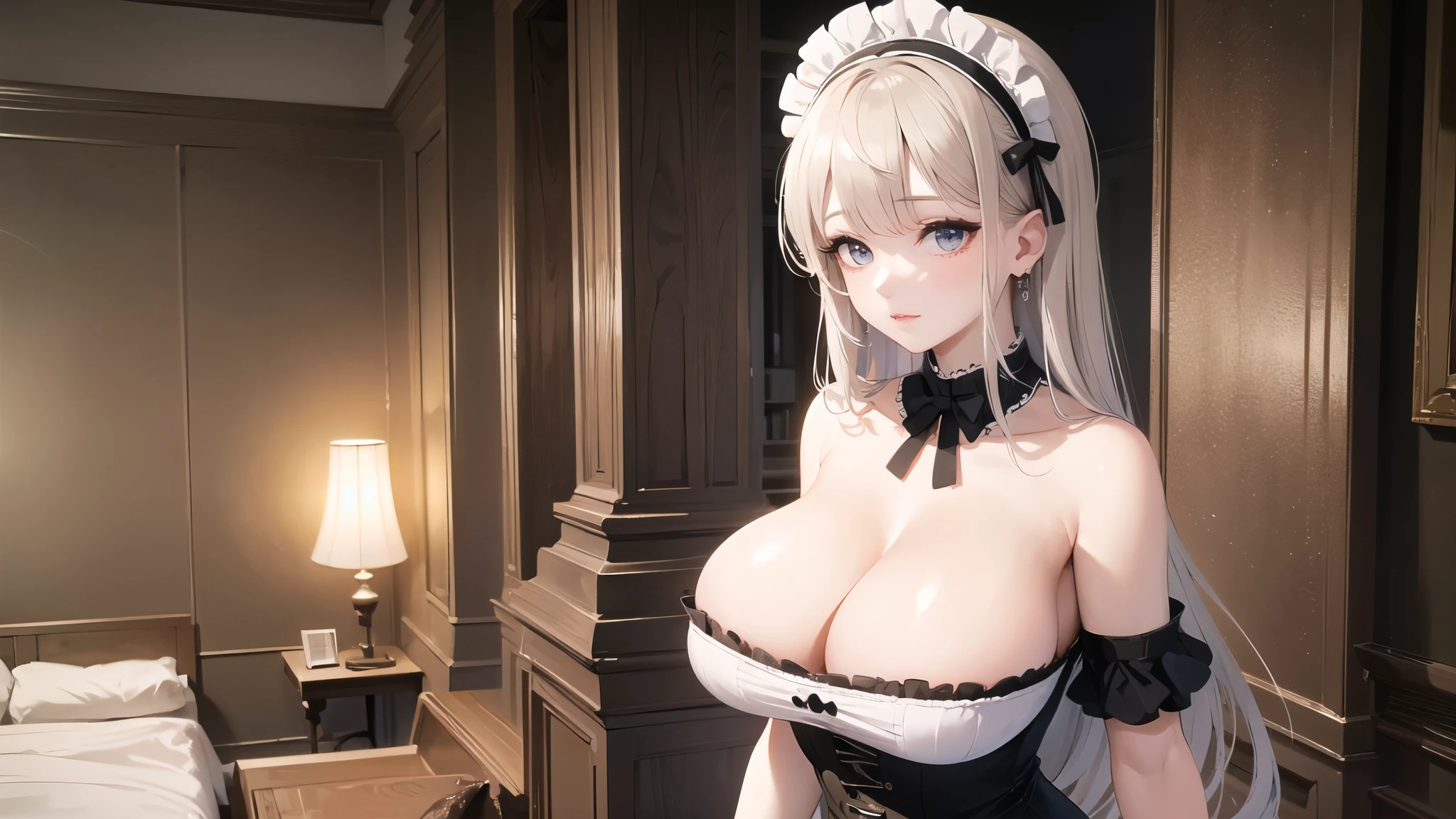 (((masterpiece, best quality))), (((superior quality))), cute girl, ((extremely detailed girl)), ((huge breasts)), maid, (bare shoulders), strapless top, (bare neck)