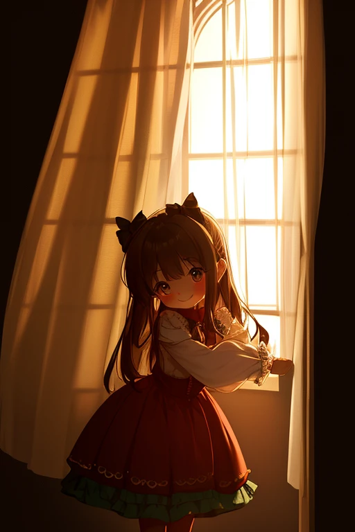 Decorative painting, Country style, rich colors, light color, deep texture, profound shadows, (layered frills skirts), masterpiece, gradient color, highly detailed, 4k, medieval media, 18th-century costume, (Sumptuous and resplendent),
BREAK
black background, 1girl, chibi, happy, dynamic pose, solo, long hair, blush, smile, brown hair, long sleeves, dress, bow, hair bow, black eyes, sleeves past wrists, bow, female focus BREAK indoor, curtains, window
BREAK
cute details, adorable features, Glazing, Scumbling, Highlights, Contrast, day light, green shadow