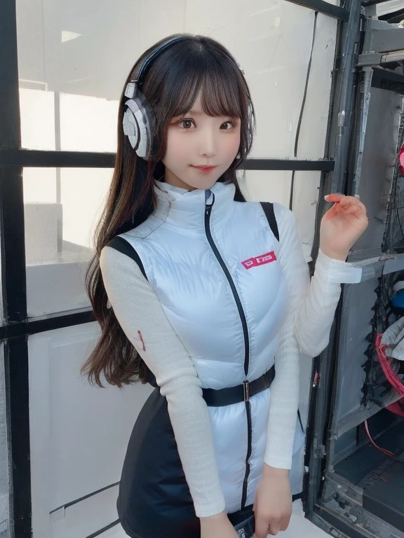 masterpiece, highest quality, Very detailed, 8K Portrait,japanese android girl,Plump , Control panel,Robotic arms and legs, Blunt bangs,,BREAK (metallic gray, metallic luster, mirror finish, astrovest):5,headphone:5,BREAK (black sleeves):100,smartwatch,futuristic space station,control room,BREAK headphone,blue eyes,(black hair):2,(long hair):1.3,look at viewer,(Respirator),BREAK blush:3,hidden hands,smile