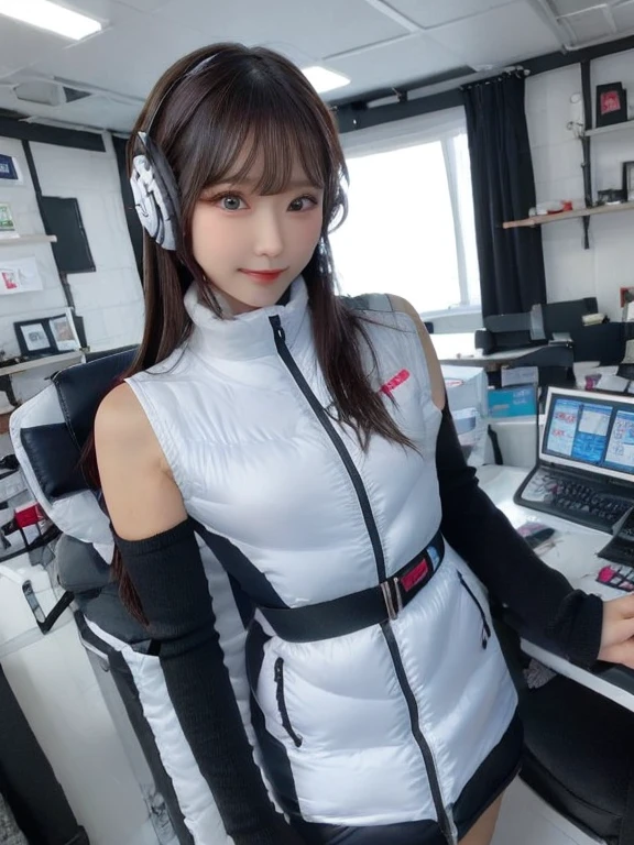 masterpiece, highest quality, Very detailed, 8K Portrait,japanese android girl,Plump , Control panel,Robotic arms and legs, Blunt bangs,,BREAK (metallic gray, metallic luster, mirror finish, astrovest):5,headphone:5,BREAK (black sleeves):100,smartwatch,futuristic space station,control room,BREAK headphone,blue eyes,(black hair):2,(long hair):1.3,look at viewer,(Respirator),BREAK blush:3,hidden hands,smile