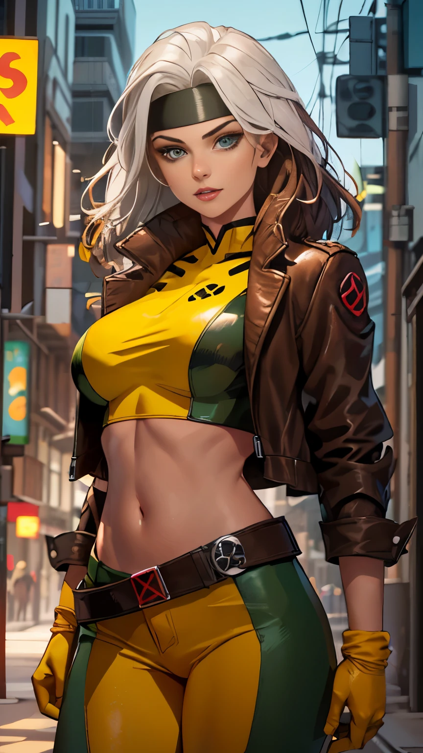 (Highly quality, masterpiece, detailed), night city detailed scenario, night city detailed background, 20 years old girl, solo, multi colored hair, white hair, brown hair, Superhero, Rogue, Xtreme, blue eyes, jacket, open clothes, belt, open jacket, headband, cropped legs, leather, leather jacket, green pants, yellow pants, yellow leather top, green leather top, crop top, navel, perfect face, beautiful eyes, perfect eyes, looking at the viewer, Sexy pose