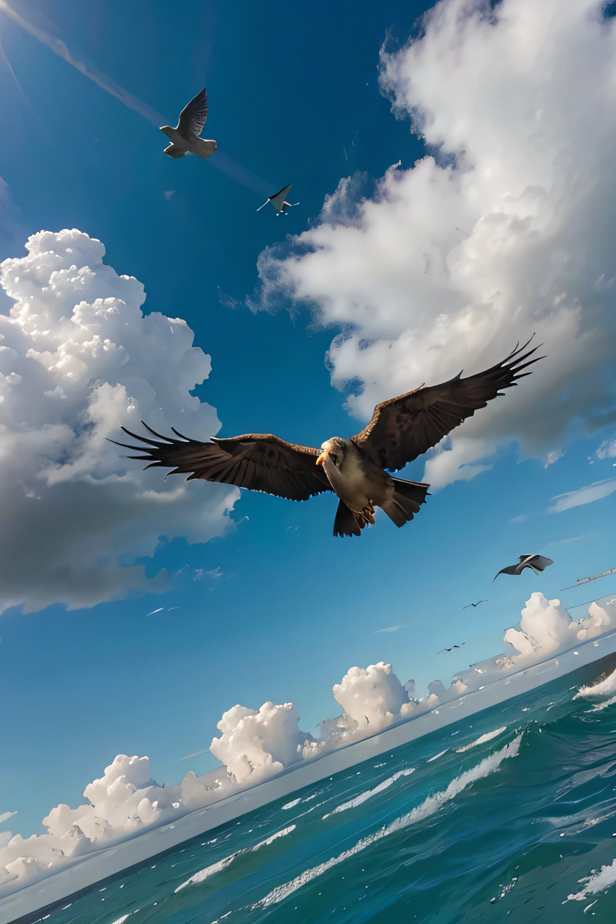 aves volando en cielo con arcoirirs y tormentas