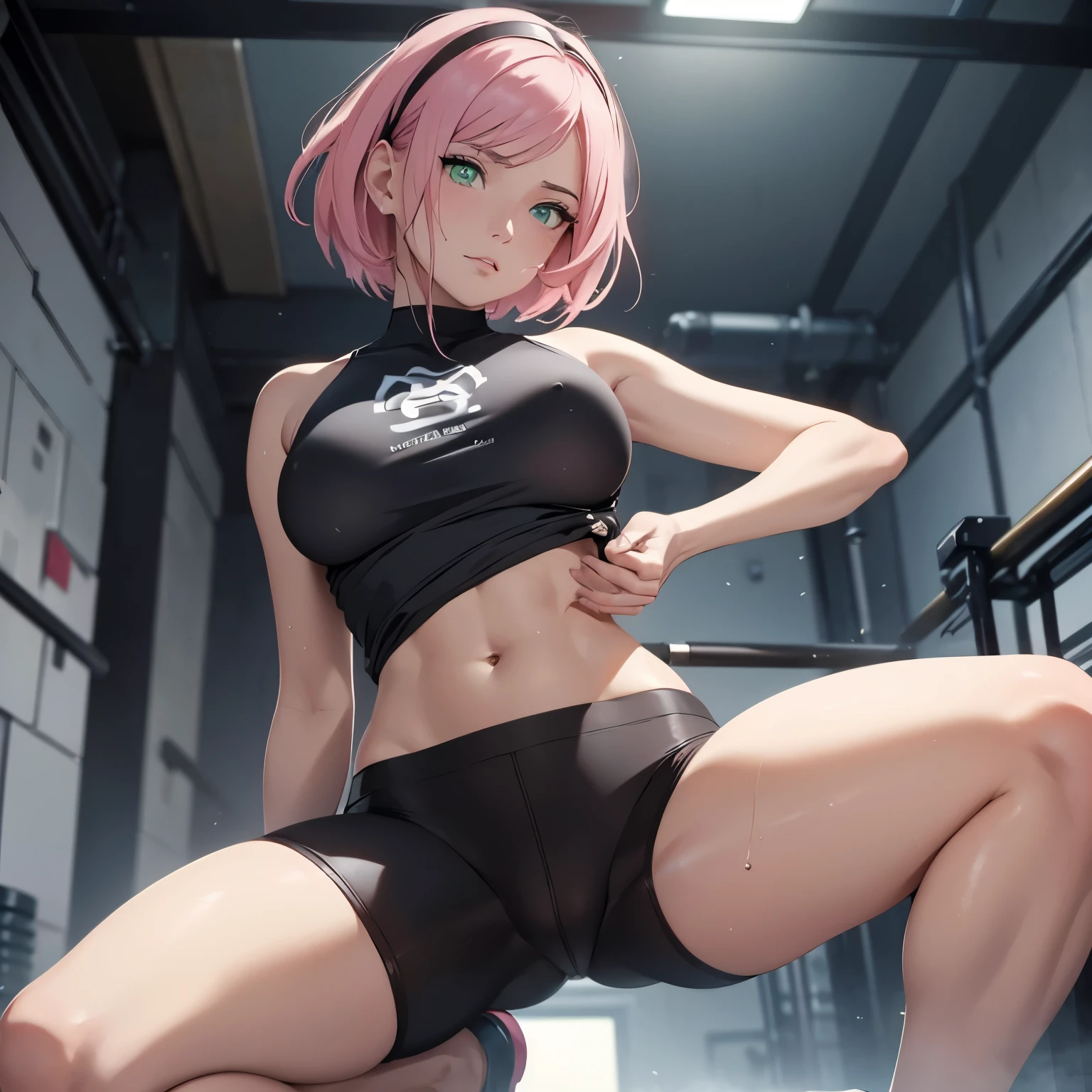 (masterpiece), anime, Best quality, good anatomy, one girl, ( Spread your legs), green eyes, realistic face, short haircut, gloomy face, Looking down, pink hair, navel ,bare shoulders, tight black top, black pants, tall legs, beautiful legs, wet, gym, Reflectors, 8K masterpiece, super detail, film movie, best quality, best ditails, detailed face, detailed eyes, camera from bellow