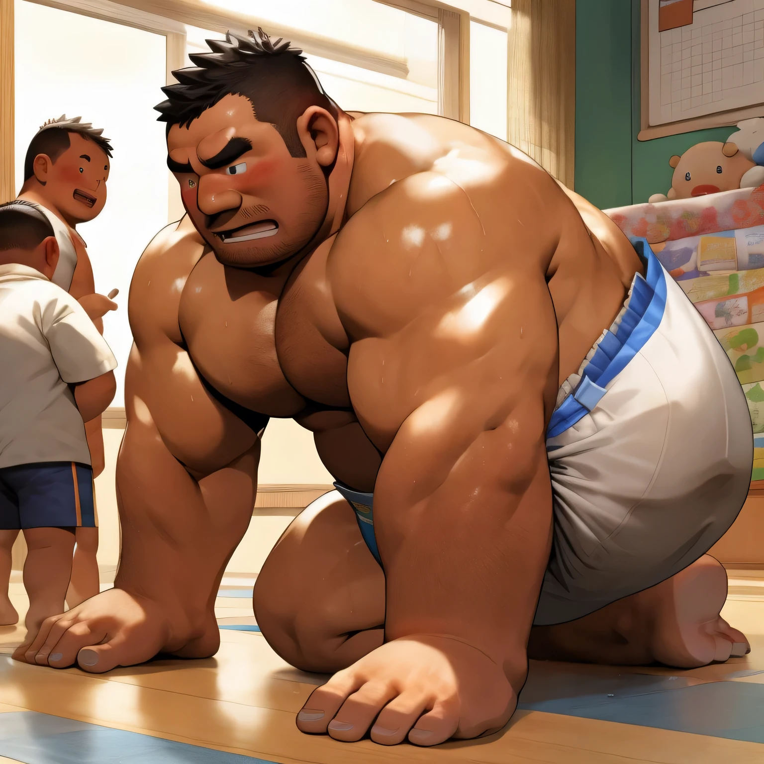 masterpiece, Top quality, in 32K, perfect anatomy, hyper detailed, super fine illustration, The thick man is a brutal prisoner, retarded, hairy human, 50yo in Japan, (fatness: 1.0), Fatty muscle, Bowleg, disappointment, incontinent, be diaper check by children, waddle, There is a small puddle under him, incontinent, Naked, short legs, Bowleg, spread legs, wear a White cloth Diaper, Bare belly, Bare legs, Bare foots, Bare soles, Shirtless, wide forehead and short thinning hair, Man with round face with stubble, Bare foots, Bare soles, shy, sissy, Weaker than children, Drool, Round face, steams, Solo, He enters nursery school and is despised by children, He surrounded by children, His bottom is wet, Bare foots, big butt, he is scolded by the children, White Diaper, He surrounded by children, sobbing, wear a White cloth Diaper, shirtless, There is a small puddle under him, He enters nursery school and is despised by children, big butt, sobbing, He crawling to go to children, on all fours, side view