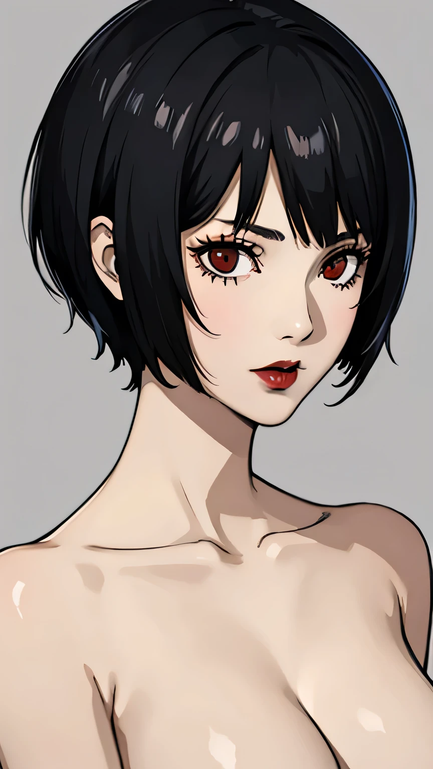 1 girl, very Short hair, black hair, red eyes, black lipstick, portrait, nude,