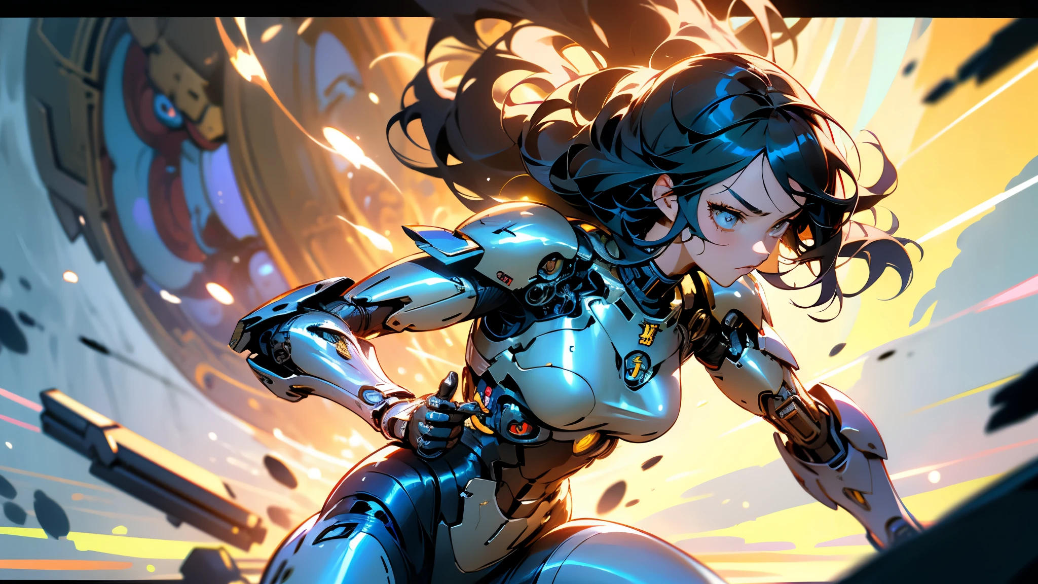 2d anime style, 1 girl, detailed hair, cyborg girl, female warrior, stand, cyborg armor, cinematic light, dynamic battle scene, dynamic composition, high definition, high resolution, action scene