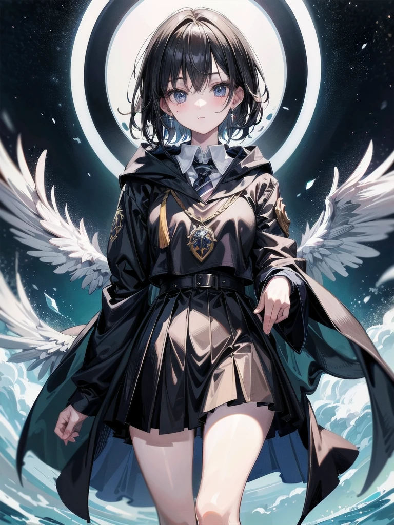whole body, hogwarts teacher, necktie, cloak, skirt, absurdres, RAW photo, extremely delicate and beautiful, masterpiece, Best Quality, ultra high resolution, 32k, hyperrealistic, ultra-detailed, detailed description, pale skin, 20 years old, detailed beautiful face and eyes, tearful mole, earring, Colossal tits, short medium hair, wavy hair,