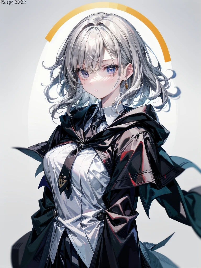 whole body, hogwarts teacher, necktie, cloak, skirt, absurdres, RAW photo, extremely delicate and beautiful, masterpiece, Best Quality, ultra high resolution, 32k, hyperrealistic, ultra-detailed, detailed description, pale skin, 20 years old, detailed beautiful face and eyes, tearful mole, earring, Colossal tits, short medium hair, wavy hair,