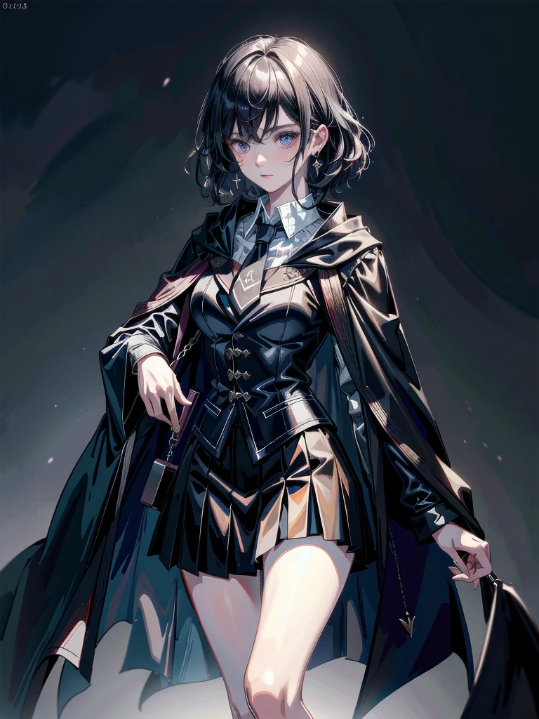whole body, hogwarts teacher, necktie, cloak, skirt, absurdres, RAW photo, extremely delicate and beautiful, masterpiece, Best Quality, ultra high resolution, 32k, hyperrealistic, ultra-detailed, detailed description, pale skin, 20 years old, detailed beautiful face and eyes, tearful mole, earring, Colossal tits, short medium hair, wavy hair,