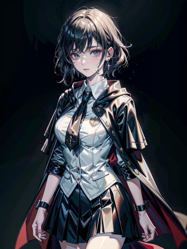 whole body, hogwarts teacher, necktie, cloak, skirt, absurdres, RAW photo, extremely delicate and beautiful, masterpiece, Best Quality, ultra high resolution, 32k, hyperrealistic, ultra-detailed, detailed description, pale skin, 20 years old, detailed beautiful face and eyes, tearful mole, earring, Colossal tits, short medium hair, wavy hair,