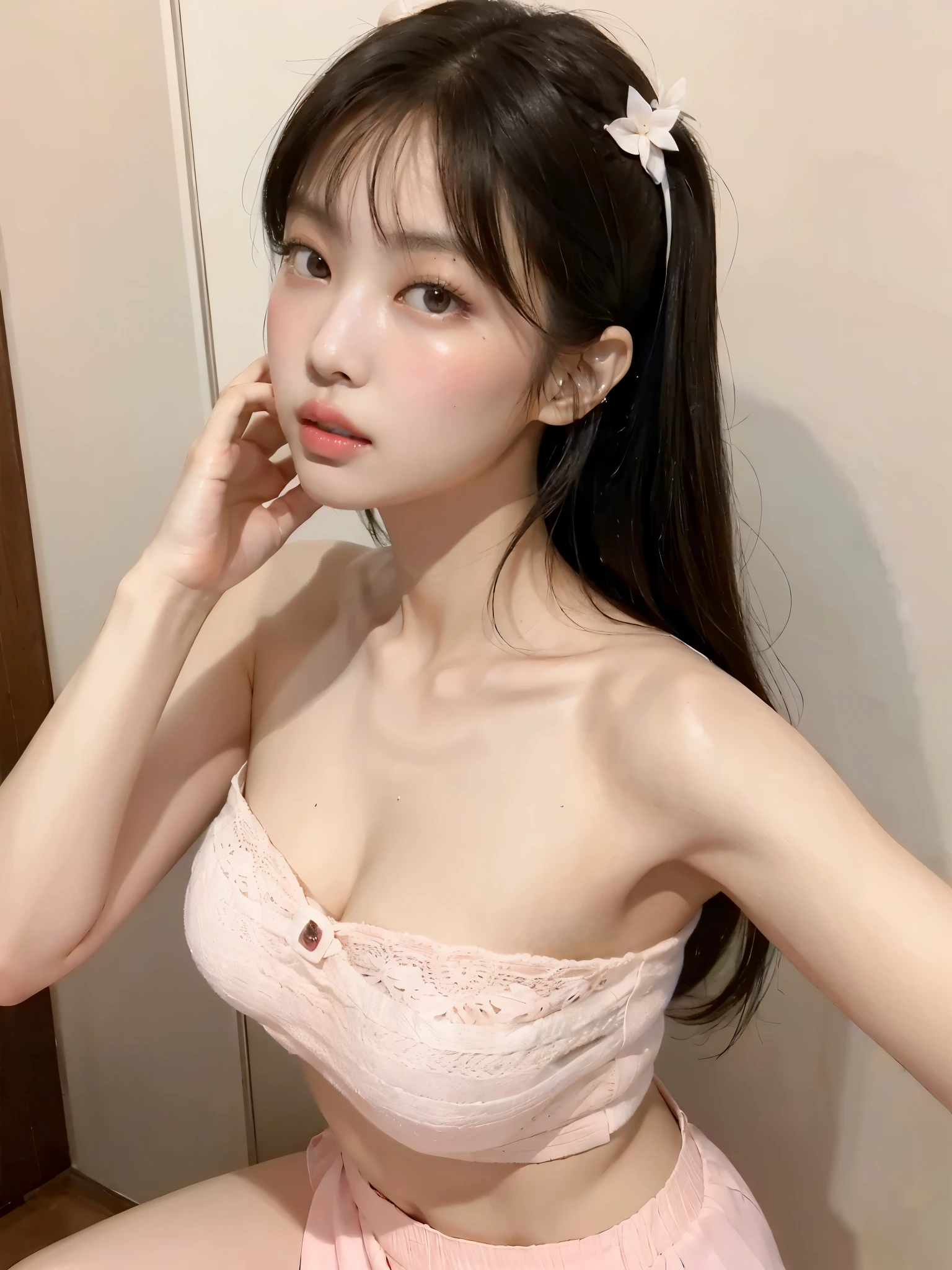 arafed asian woman with a white shirt and blue shorts, lalisa manobal, 18 years old, young cute wan asian face, with bangs, gemma chan beautiful girl, 1 8 yo, gorgeous chinese model, gorgeous young korean woman, beautiful asian girl, ayami koj ima, instagram model, neat hair with bangs, young asian girl