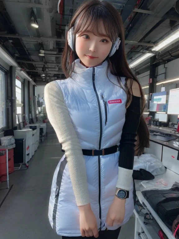 masterpiece, highest quality, Very detailed, 8K Portrait,japanese android girl,Plump , Control panel,Robotic arms and legs, Blunt bangs,,BREAK (metallic gray, metallic er, mirror finish, astrovest):5,headphone:5,BREAK (black sleeves):100,smartwatch,futuristic space station,control room,BREAK headphone,blue eyes,(black hair):2,(long hair):1.3,look at viewer,(Respirator),BREAK blush:3,hidden hands,smile