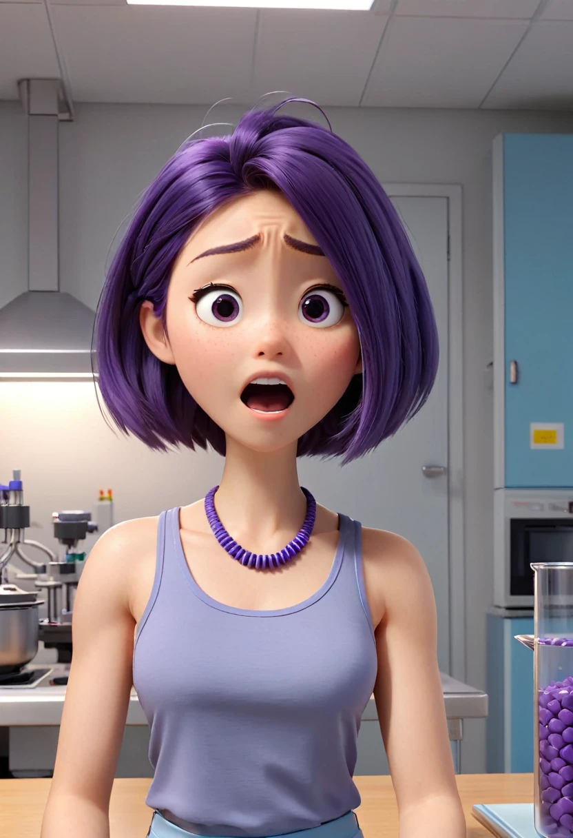 Une Japonaise de 14 ans, cheveux bleu, dark purple necklace, Grey tank top, terrified, scotcher sur une table, ne pouvant plus bouger, in a defective laboratory, style 3d Pixar, (best quality, 4k, 8k, High resolution, chef-d&#39;artwork:1.2), Ultra-detailed, (Realistic, photoRealistic, photo-Realistic:1.37), Des couleurs vives, studio lighting