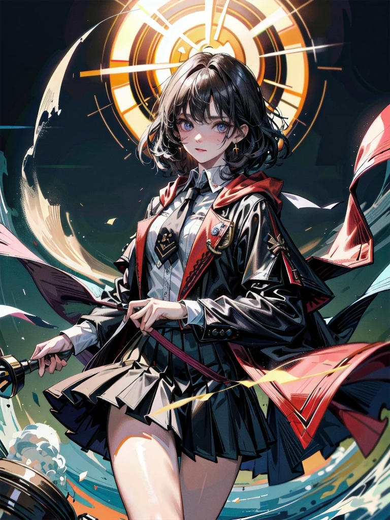 whole body, hogwarts teacher, necktie, cloak, skirt, absurdres, RAW photo, extremely delicate and beautiful, masterpiece, Best Quality, ultra high resolution, 32k, hyperrealistic, ultra-detailed, detailed description, pale skin, 20 years old, detailed beautiful face and eyes, tearful mole, earring, Colossal tits, short medium hair, wavy hair,