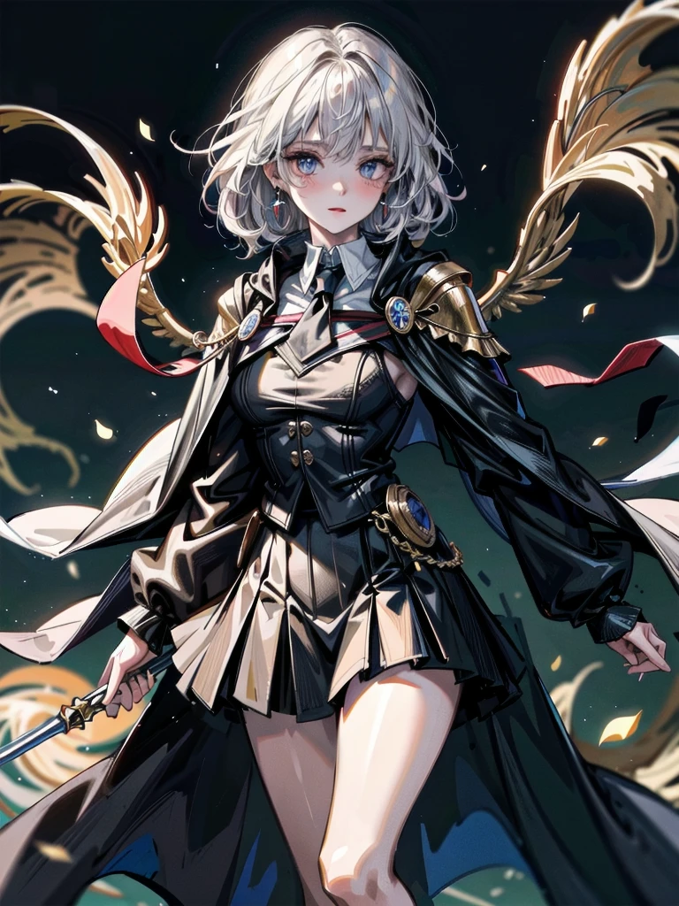 whole body, hogwarts teacher, necktie, cloak, skirt, absurdres, RAW photo, extremely delicate and beautiful, masterpiece, Best Quality, ultra high resolution, 32k, hyperrealistic, ultra-detailed, detailed description, pale skin, 20 years old, detailed beautiful face and eyes, tearful mole, earring, Colossal tits, short medium hair, wavy hair,