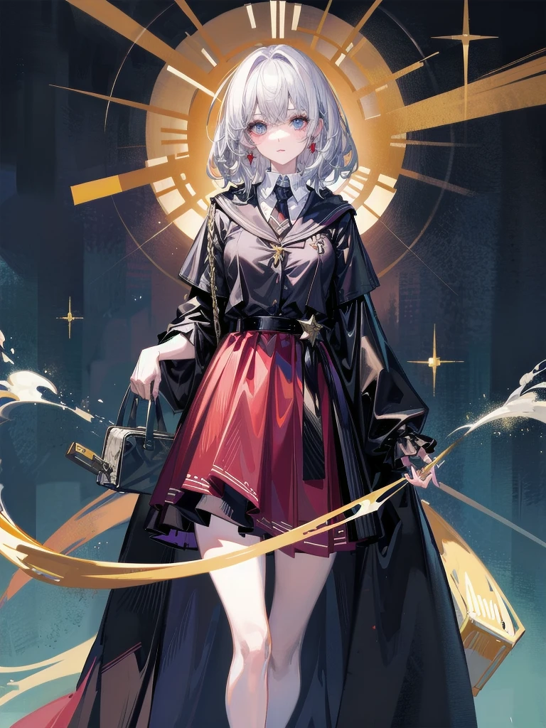 whole body, hogwarts teacher, necktie, cloak, skirt, absurdres, RAW photo, extremely delicate and beautiful, masterpiece, Best Quality, ultra high resolution, 32k, hyperrealistic, ultra-detailed, detailed description, pale skin, 20 years old, detailed beautiful face and eyes, tearful mole, earring, Colossal tits, short medium hair, wavy hair,