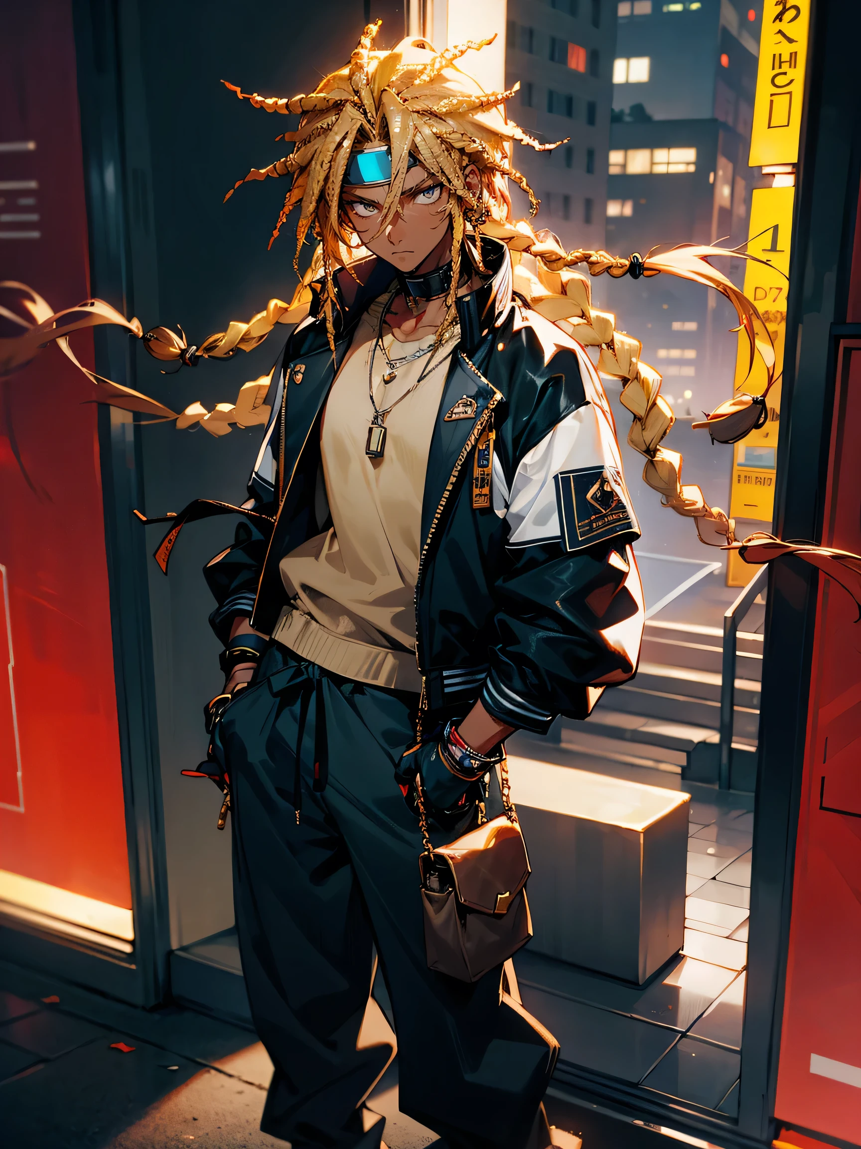 1male, dark skin, blonde hair, dreads, necklace, gloves, black short, varsity jacket, baggy pants, modern city, serious