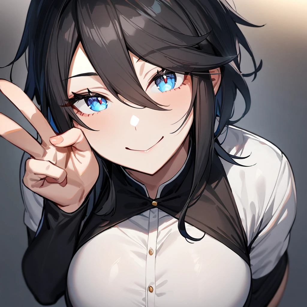 1 girl,androgynous,black hair,blue eyes, Smile,pov,portrait,big breast,(wide hips),White eyes,slit_pupils best quality,very aesthetic,absurdres,v