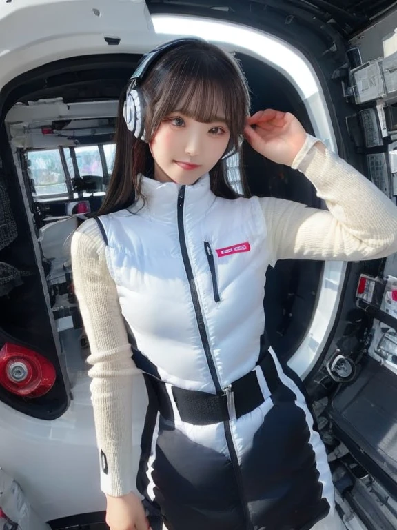 masterpiece, highest quality, Very detailed, 8K Portrait,japanese android girl,Plump , Control panel,Robotic arms and legs, Blunt bangs,,BREAK (metallic gray, metallic luster, mirror finish, astrovest):5,headphone:5,BREAK (black sleeves):100,smartwatch,futuristic space station,control room,BREAK headphone,blue eyes,(black hair):2,(long hair):1.3,look at viewer,(Respirator),BREAK blush:3,hidden hands,smile